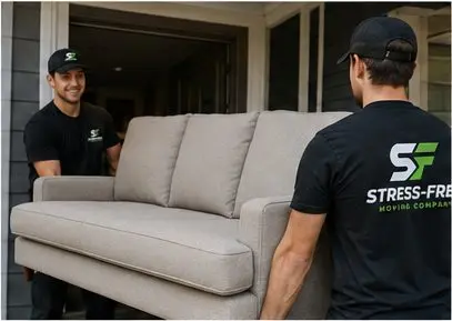 Stress-Free Moving Company crew carrying a couch for an apartment move