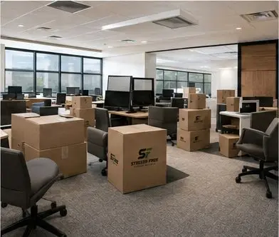 Office move with packed boxes for a commercial relocation