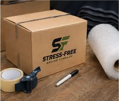 Packing supplies including boxes, tape, and bubble wrap