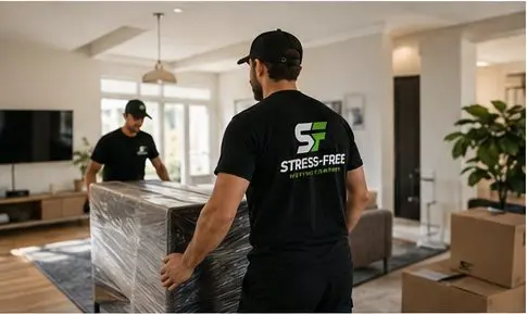 Stress-Free Moving Company crew carrying furniture in a residential move